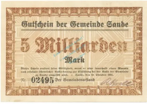 Sande , Banknote 5 Milliarden Mark Schein unc-kfr. Keller 4700.e , Schleswig 1923 Inflation
