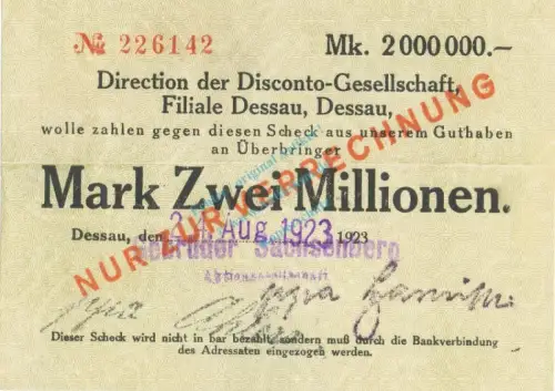 Dessau , Banknote 2 Millionen Mark Scheck unc-kfr. Keller 983.... Anhalt 1923 Inflation