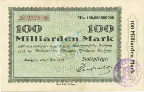Saulgau , Banknote 100 Milliarden Mark Schein L-gbr. Keller 4721.o , Württemberg 1923 Inflation