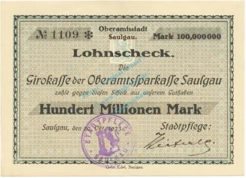 Saulgau , Banknote 100 Millionen Mark Scheck L-gbr. Keller 4721... Württemberg 1923 Inflation