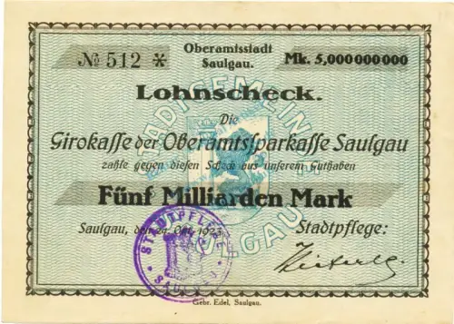 Saulgau , Banknote 5 Milliarden Mark Scheck gbr. Keller 4721.i , Württemberg 1923 Inflation