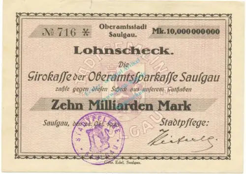 Saulgau , Banknote 10 Milliarden Mark Scheck unc- Keller 4721.i , Württemberg 1923 Inflation