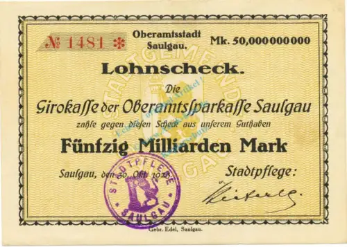 Saulgau , Banknote 50 Milliarden Mark Scheck unc-kfr. Keller 4721.L , Württemberg 1923 Inflation