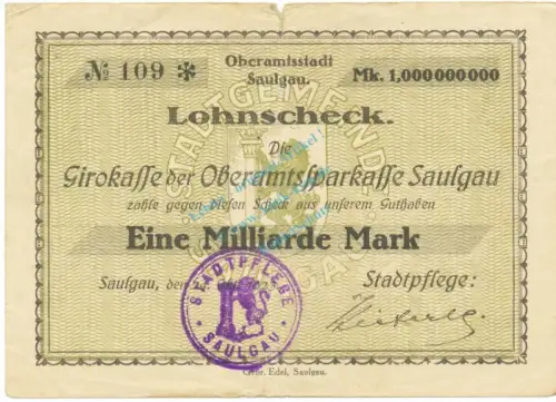 Saulgau , Banknote 1 Milliarde Mark Scheck gbr.- Keller 4721.L , Württemberg 1923 Inflation