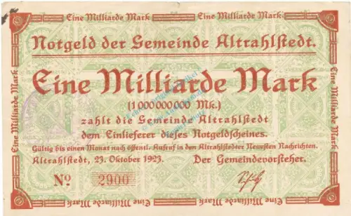 Altrahlstedt , Banknote 1 Milliarde Mark Schein gbr. Keller 84.e , Schleswig Holstein 1923 Inflation