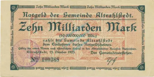 Altrahlstedt , Banknote 10 Milliarden Mark Schein gbr. Keller 84.e , Schleswig Holstein 1923 Inflation