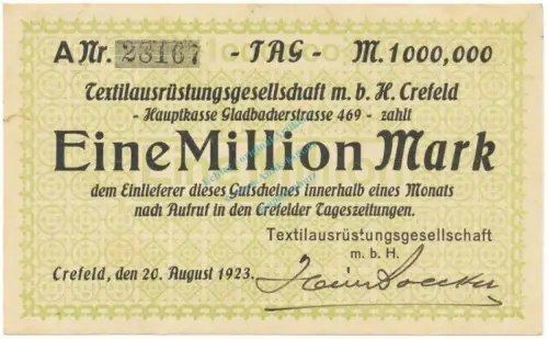 Crefeld , Banknote 1 Million Mark Schein unc-kfr. Keller 928 , Rheinland 1923 Inflation