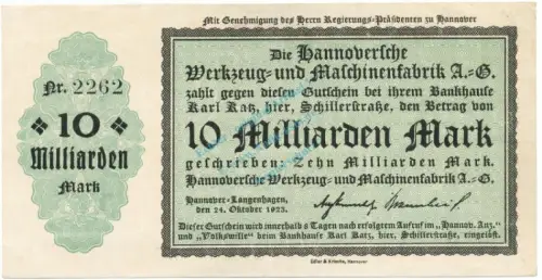 Hannover , Banknote 10 Milliarden Mark Schein unc-kfr. Keller 2181.b , Niedersachsen 1923 Inflation