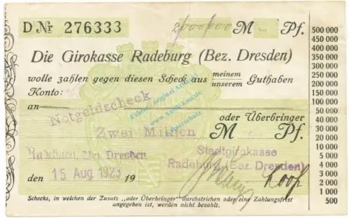 Radeburg , Banknote 2 Millionen Mark Scheck gbr. Keller 4414.k , Sachsen 1923 Inflation