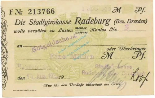 Radeburg , Banknote 1 Million Mark Scheck unc-kfr. Keller 4414.h , Sachsen 1923 Inflation