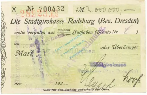 Radeburg , Banknote 2 Million Mark Scheck gbr. Keller 4414.p , Sachsen 1923 Inflation