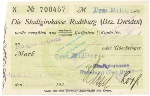 Radeburg , Banknote 3 Million Mark Scheck unc-kfr. Keller 4414.p , Sachsen 1923 Inflation