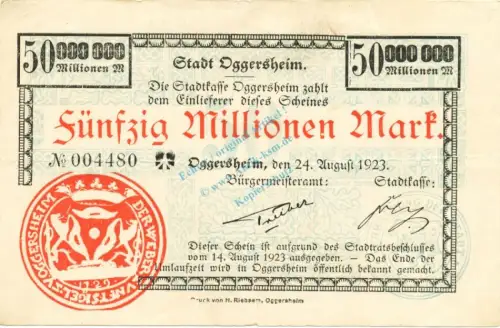 Oggersheim , Banknote 50 Millionen Mark Schein gbr. Keller 4142.e , Pfalz 1923 Inflation
