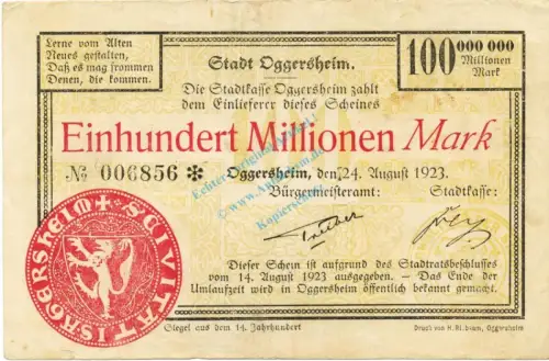 Oggersheim , Banknote 100 Millionen Mark Schein gbr. Keller 4142.e , Pfalz 1923 Inflation