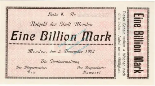 Menden , Banknote 1 Billion Mark --MUSTER-- unc-kfr. Keller 3516... Westfalen 1923 Inflation