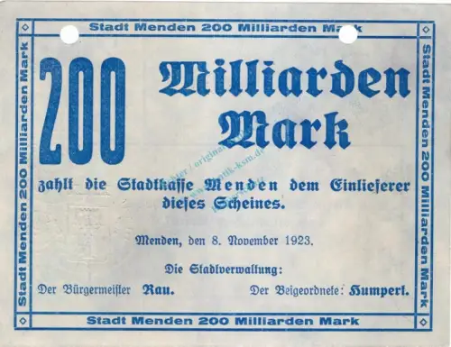 Menden , Banknote 200 Milliarden Mark Schein unc-kfr.E Keller 3516.d , Westfalen 1923 Inflation