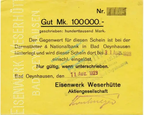 Bad Oeynhausen , Banknote 100.000 Mark Scheck F-kfr. Keller 4118... Westfalen 1923 Inflation 3581