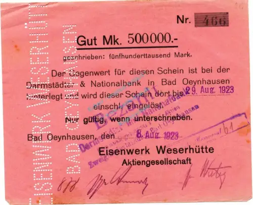 Bad Oeynhausen , Banknote 500.000 Mark Scheck L-gbr. Keller 4118... Westfalen 1923 Inflation 3582