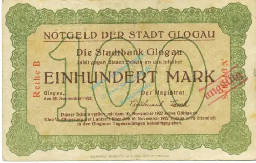 Glogau , Banknote 100 Mark Schein in gbr.E Müller1735.1 , Schlesien 1922 Inflation