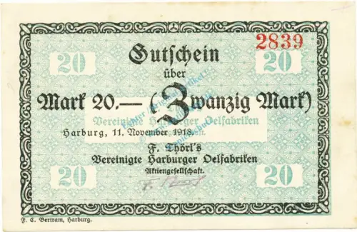 Harburg , Banknote 20 Mark Schein unc-kfr.E Geiger 221.05 , Niedersachsen 1918 Grossnotgeld