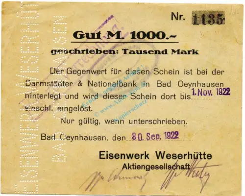 Bad Oeynhausen , Banknote 1.000 Mark Schein gbr. Müller 3425... Westfalen 1922 Inflation 3579