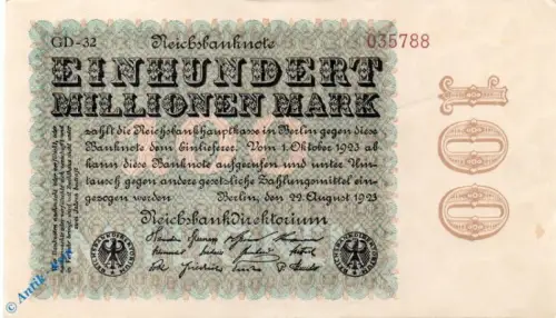 Reichsbanknote , 100 Millionen Mark Schein in kfr , DEU-120.n, Ros.106, P.107 , vom 22.08.1923 , Weimarer Republik - Inflation