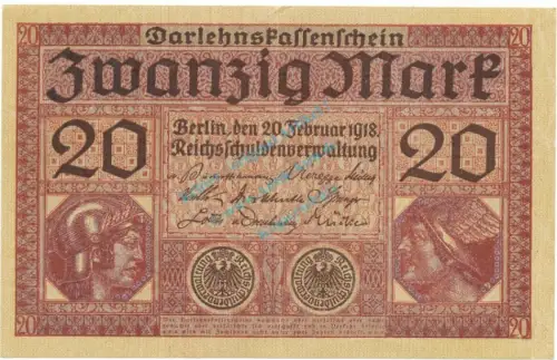 Reichsbanknote , 20 Mark Schein L-gbr. DEU-62, Ros.55, P.57 , Deutsches Kaiserreich 1918 Reichsschuldenverwaltung