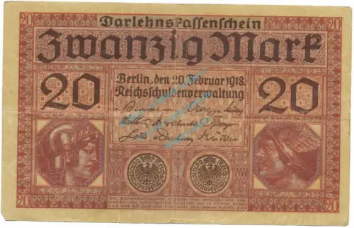 Reichsbanknote , 20 Mark Schein gbr. DEU-62, Ros.55, P.57 , Deutsches Kaiserreich 1918 Reichsschuldenverwaltung
