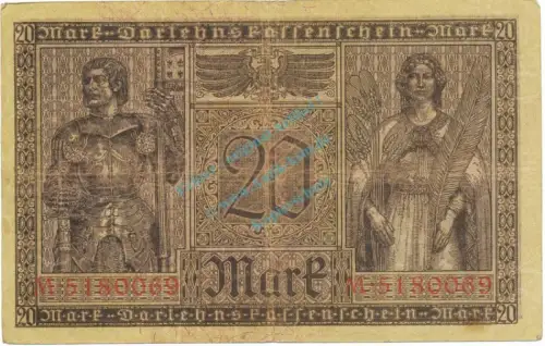 Reichsbanknote , 20 Mark Schein gbr. DEU-62, Ros.55, P.57 , Deutsches Kaiserreich 1918 Reichsschuldenverwaltung