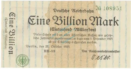 Banknote , 1 Billion Mark Schein in unc-kfr. RVM-15, S.1024, 1923 deutsche Reichsbahn