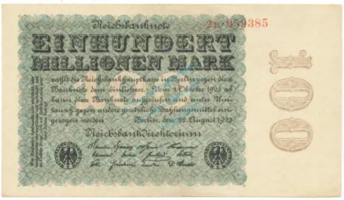 Banknote , 100 Millionen Mark Schein in unc-kfr. DEU-120.d, Ros.106, P.107, Weimarer Republik 1923 Inflation