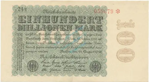 Banknote , 100 Millionen Mark Schein in unc-kfr. DEU-120.f, Ros.106, P.107, Weimarer Republik 1923 Inflation