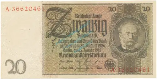 Reichsbanknote , 20 Mark Schein -B 1- in unc-kfr. DEU-184.a, Ros.174, P.181 Weimarer Republik 1929 Reichsbank