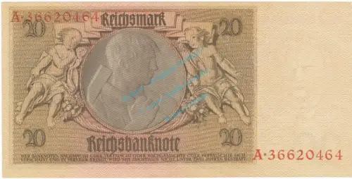 Reichsbanknote , 20 Mark Schein -B 1- in unc-kfr. DEU-184.a, Ros.174, P.181 Weimarer Republik 1929 Reichsbank