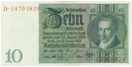 Reichsbanknote , 10 Mark Schein -E 1- in unc-kfr. DEU-183.a, Ros.173, P.180 Weimarer Republik 1929 Reichsbank