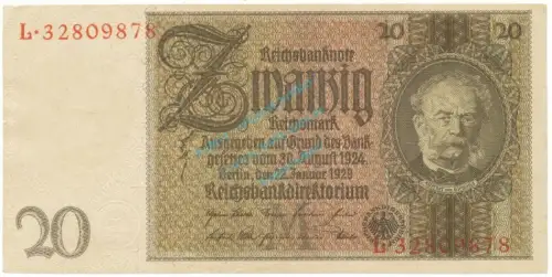 Reichsbanknote , 20 Mark Schein -M 2- in unc-kfr. DEU-184.b, Ros.174, P.181 Weimarer Republik 1929 Reichsbank