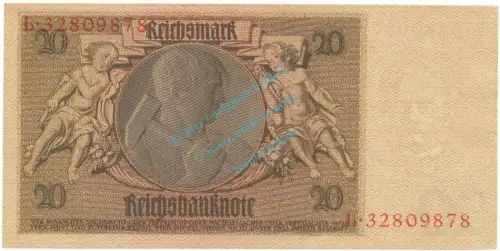 Reichsbanknote , 20 Mark Schein -M 2- in unc-kfr. DEU-184.b, Ros.174, P.181 Weimarer Republik 1929 Reichsbank