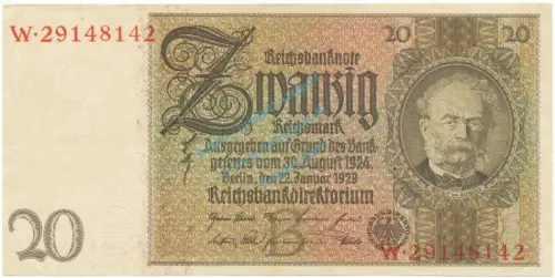 Reichsbanknote , 20 Mark Schein -B 3- in unc-kfr. DEU-184.a, Ros.174, P.181 Weimarer Republik 1929 Reichsbank
