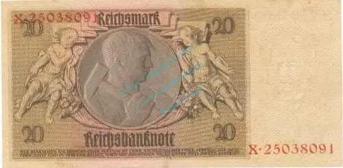 Reichsbanknote , 20 Mark Schein -B 3- in unc-kfr. DEU-184.a, Ros.174, P.181 Weimarer Republik 1929 Reichsbank
