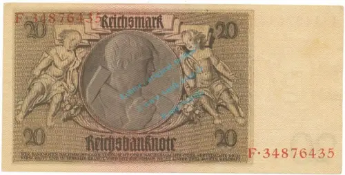 Reichsbanknote , 20 Mark Schein -B 2- in unc-kfr. DEU-184.a, Ros.174, P.181 Weimarer Republik 1929 Reichsbank