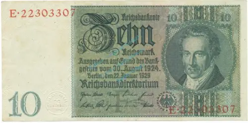 Reichsbanknote , 10 Mark Schein -F 1- in unc-kfr. DEU-183.a, Ros.173, P.180 Weimarer Republik 1929 Reichsbank