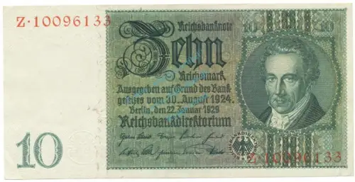 Reichsbanknote , 10 Mark Schein -F 3- in unc-kfr. DEU-183.a, Ros.173, P.180 Weimarer Republik 1929 Reichsbank