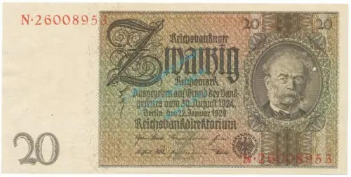 Reichsbanknote , 20 Mark Schein -Z 2- in unc-kfr. DEU-184.a, Ros.174, P.181 Weimarer Republik 1929 Reichsbank