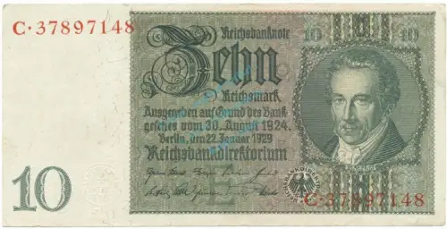 Reichsbanknote , 10 Mark Schein -E 2- L-gbr. DEU-183.b, Ros.173, P.180 Weimarer Republik 1929 Reichsbank