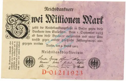 Reichsbanknote , 2 Millionen Mark Schein unc-kfr. DEU-115.a, Ros.102, P.103 Weimarer Republik 1923 Reichsbank