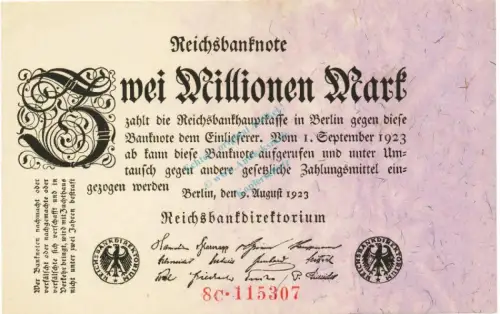 Reichsbanknote , 2 Millionen Mark Schein unc-kfr. DEU-115.c, Ros.102, P.103 Weimarer Republik 1923 Reichsbank