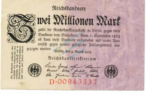 Reichsbanknote , 2 Millionen Mark Schein gbr. DEU-115.a, Ros.102, P.103 Weimarer Republik 1923 Reichsbank