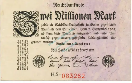 Reichsbanknote , 2 Millionen Mark Schein gbr. DEU-115.b, Ros.102, P.103 Weimarer Republik 1923 Reichsbank