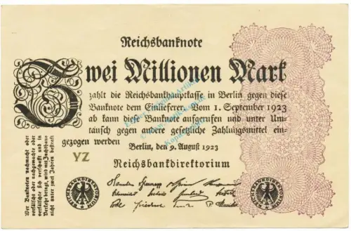 Reichsbanknote , 2 Millionen Mark -FZ graugrün- unc.kfr. DEU-116, Ros.103, P.104 , Weimarer Republik 1923 Inflation