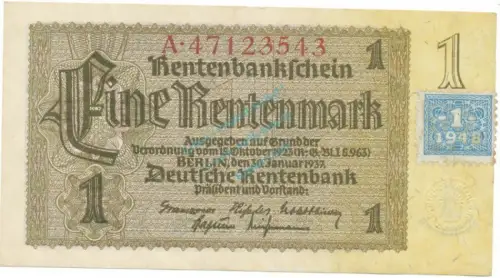 Banknote , 1 Mark Schein -Kupon- unc-kfr. SBZ-1b, Ros.330, P.1, DDR 1948 Alliierte Besatzung